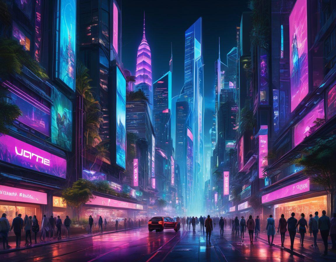 A futuristic city skyline showcasing diverse industries like technology, fashion, and entertainment, with vibrant cultural elements like street art and fashion displays. People of different backgrounds discussing trends while holding holographic devices. Bright neon lights illuminating the scene, blending with natural elements like greenery. A dynamic sense of movement and progress. vibrant colors. cyberpunk.