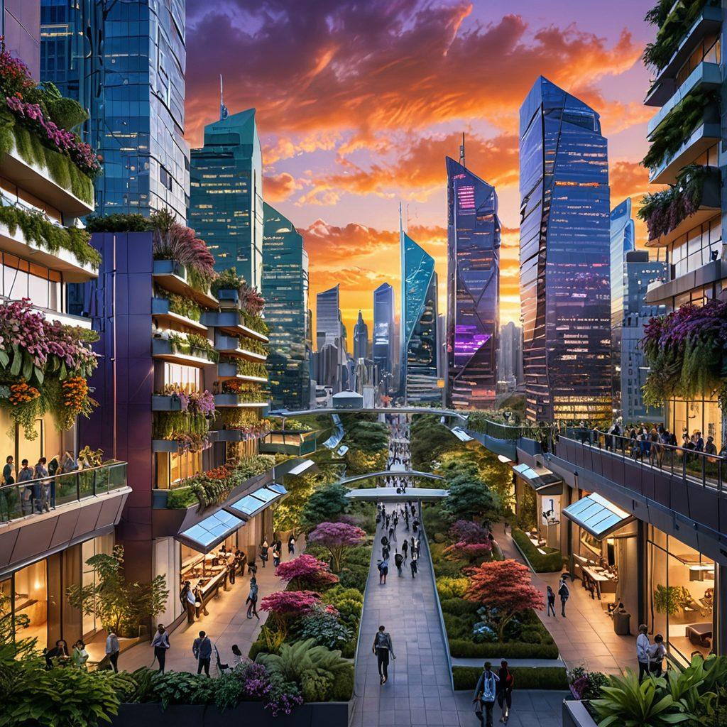 A futuristic city skyline blending nature and technology, showcasing green buildings, solar panels, and digital screens displaying lifestyle trends. In the foreground, a diverse group of people engaging with new tech gadgets, surrounded by trees and flowers. The sky is a vibrant sunset with hues of orange and purple, symbolizing innovation and growth. super-realistic. vibrant colors. panoramic view.