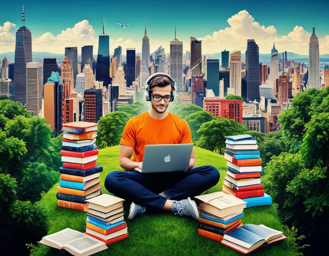 A dynamic collage illustrating the journey from personal development to digital trends, featuring a person reading self-improvement books surrounded by elements like smartphones, laptops, and digital icons. The background transitions from serene nature to a vibrant cityscape filled with technology, blending warm and cool colors to symbolize growth and innovation. super-realistic. vibrant colors. 3D.
